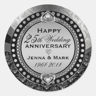 Metallic Silver 25th Wedding Anniversary Ornament Classic Round Sticker