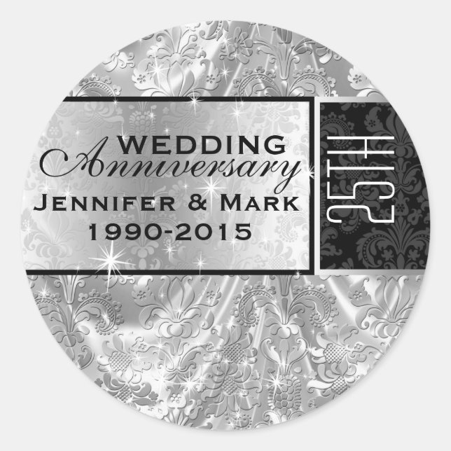 Metallic Silver 25th Wedding Anniversary Ornament Classic Round Sticker (Front)