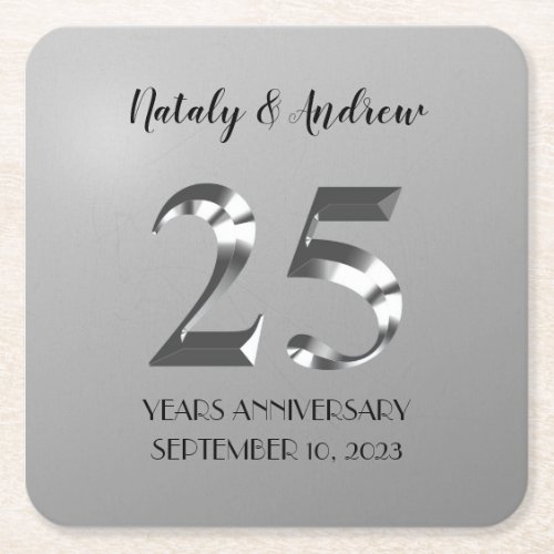 Metallic Silver 25th Wedding Anniversary Square Paper Coaster