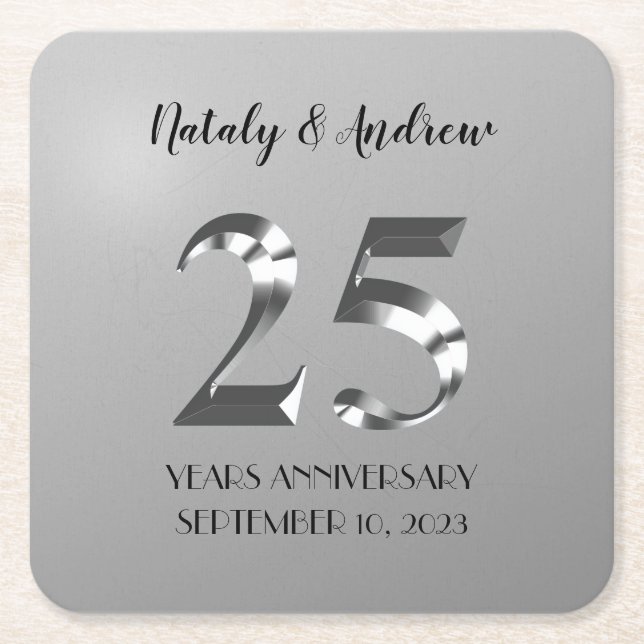 Metallic Silver 25th Wedding Anniversary Square Paper Coaster (Front)