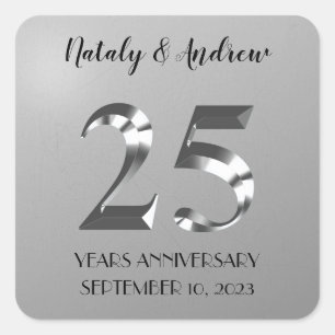 Metallic Silver 25th Wedding Anniversary Square Sticker