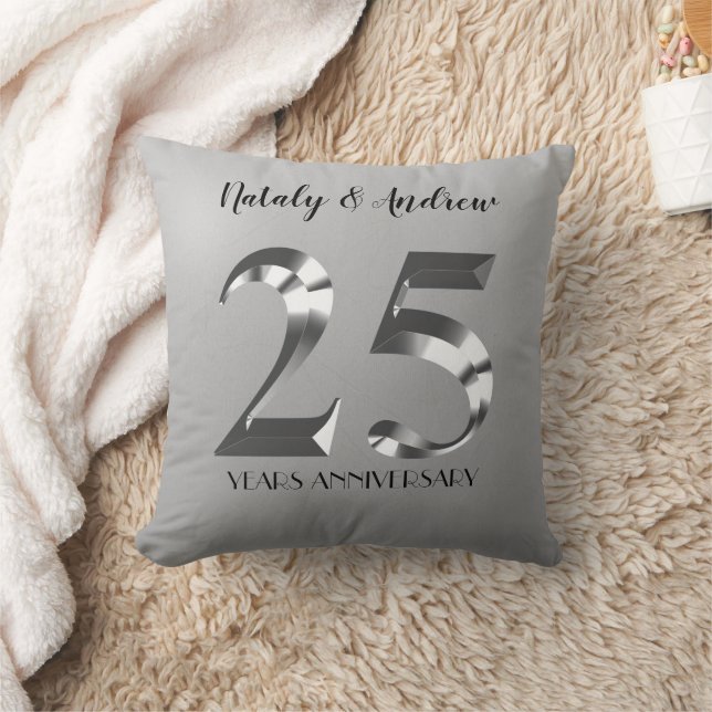 Metallic Silver 25th Wedding Anniversary Throw Pillow (Blanket)