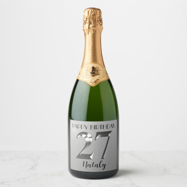 Metallic silver 27th birthday sparkling wine label (Front)