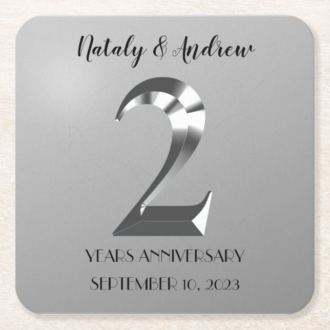 Metallic Silver 2th Wedding Anniversary Square Paper Coaster (Front)