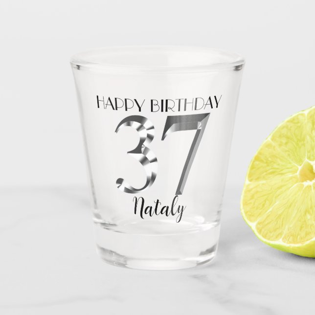 Metallic silver 37th birthday shot glass (Front)