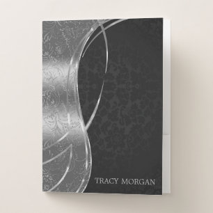 Metallic Silver And Black Damask Pocket Folder