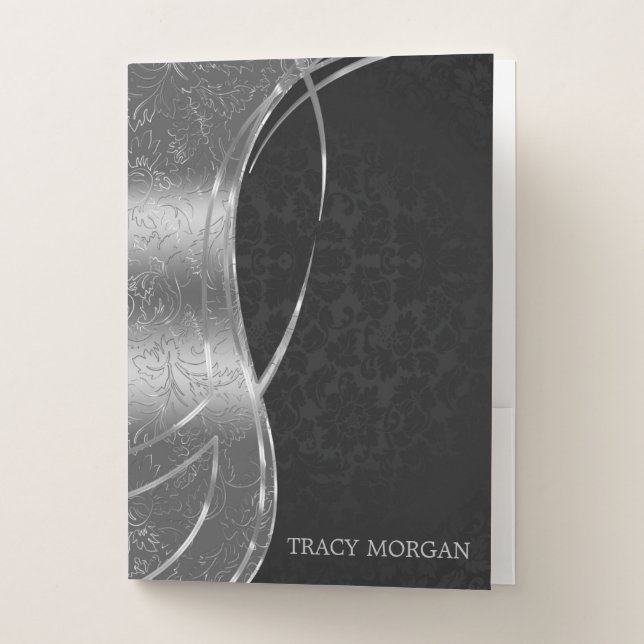 Metallic Silver And Black Damask Pocket Folder (Front)