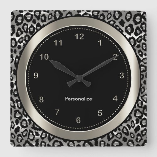 Metallic Silver and Black Leopard Print Square Wall Clock