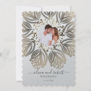 Metallic Silver and Gold Floral Photo Wedding Invitation