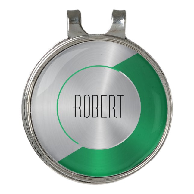 Metallic silver and green geometric design golf hat clip (Front)