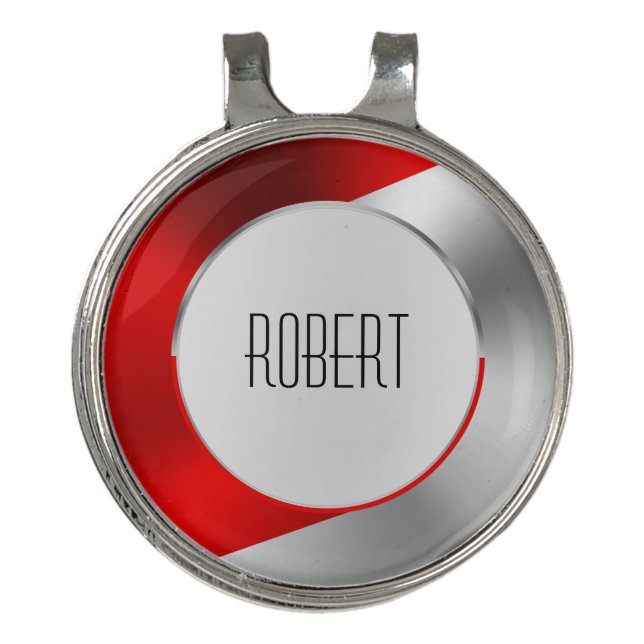 Metallic silver and red geometric design golf hat clip (Front)