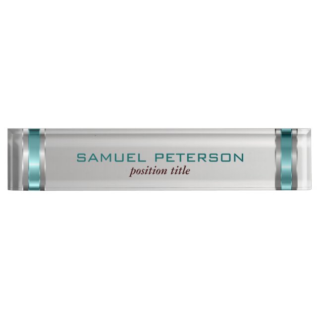 Metallic Silver Background And Blue Accents Desk Name Plate (Front)