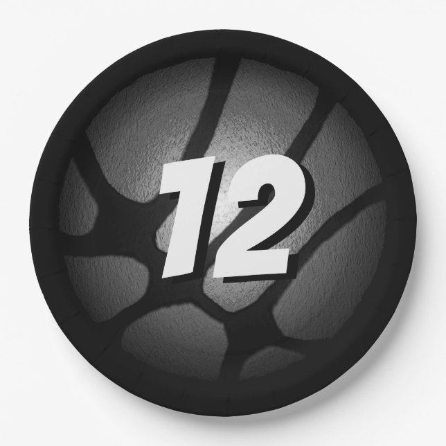 Metallic Silver Black Basketball Ball Birthday Paper Plates (Front)