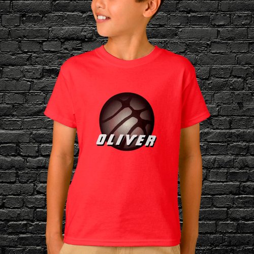 Metallic Silver Black Basketball Ball Name Red  T_Shirt