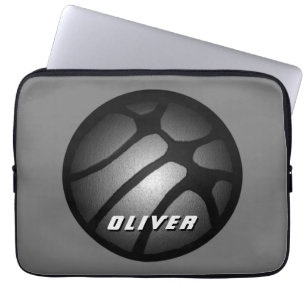 Metallic Silver Black Basketball Ball Sports Laptop Sleeve