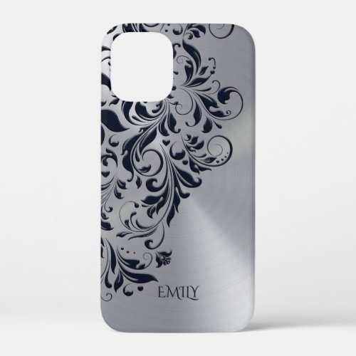 Metallic silver black floral swirls iPhone 12 mini case