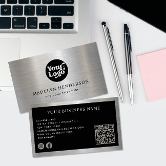 Metallic Silver Black Logo QR Code Social Media  Business Card