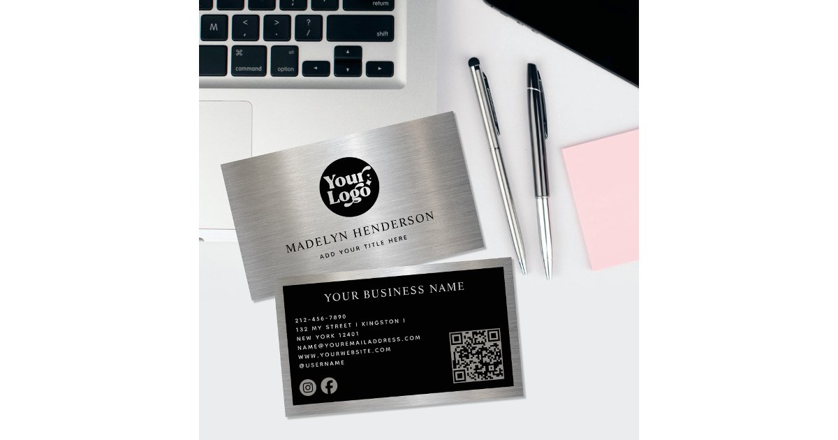 Silver Qr Code Logo Metallic Silver Black Logo QR Code Social Media Business Card | Zazzle