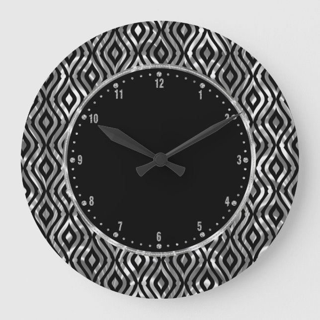 Metallic Silver & Black Teardrops Geometrics Large Clock (Front)