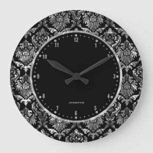 Metallic Silver & Black Vintage Floral Damasks 2 Large Clock