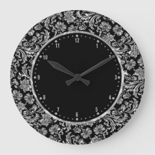 Metallic Silver & Black Vintage Floral Damasks Large Clock