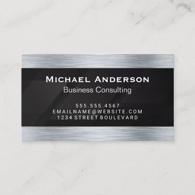 Metallic Silver Brushed | Black Stripes Line Business Card (Front)