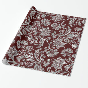 Metallic Silver & Burgundy Red Vintage Damasks Wrapping Paper