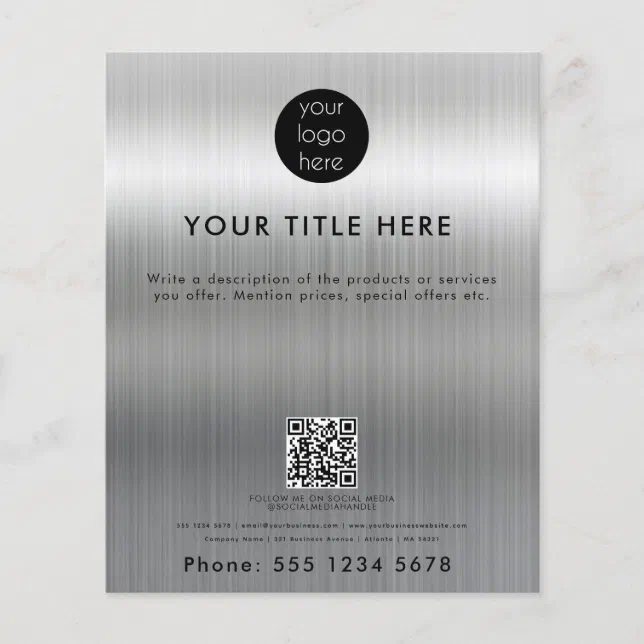 Silver Qr Code Metallic Silver Business Logo QR Code Promotional Flyer | Zazzle