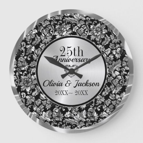 Metallic Silver Damask Large Clock