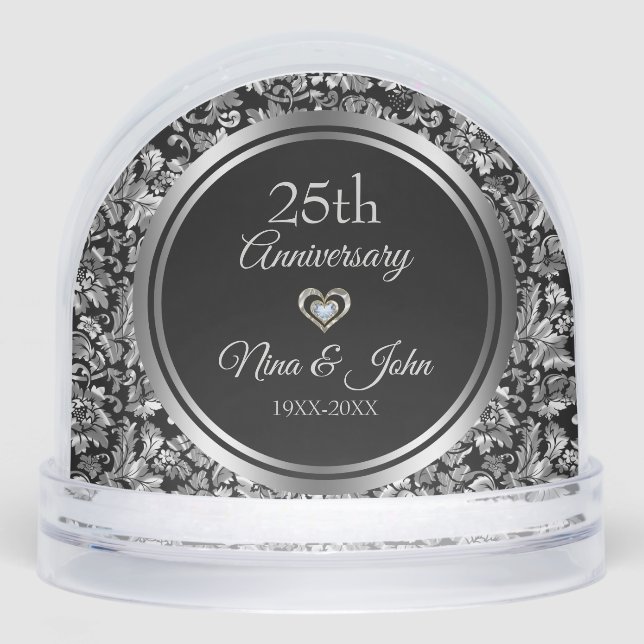Metallic Silver Damask Wedding Anniversary Snow Globe (Front)