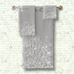 Metallic Silver Dripping Glitter Monogrammed Bath Towel Set