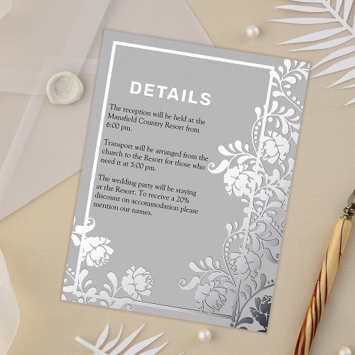 Metallic Silver Floral Elegance Wedding Details  Foil Invitation Postcard