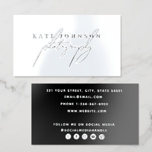Metallic Silver Foil Signature Script Social Media Business Cards