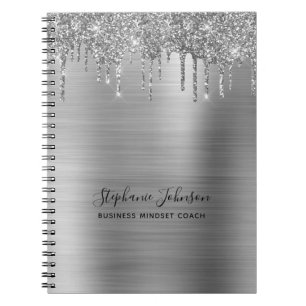 Metallic Silver Glam Glitter Drip Boss Lady Notebook