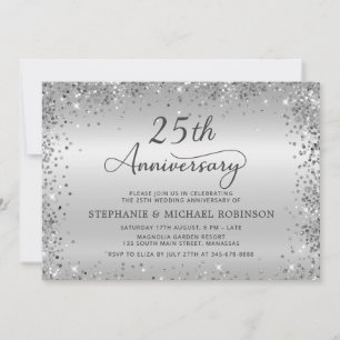 Metallic Silver Glitter 25th Wedding Anniversary Invitation