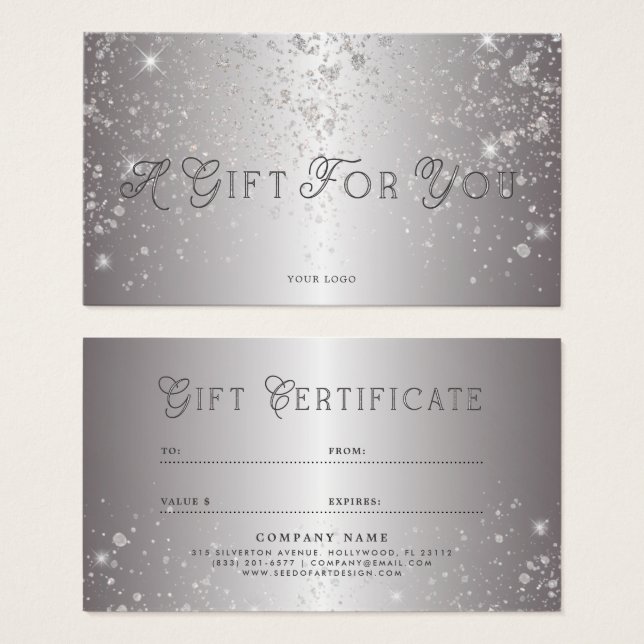 Metallic Silver Glitter Business Gift Certificate (Front & Back)