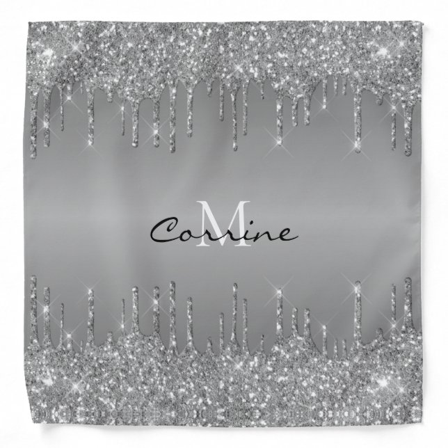 Metallic Silver Glitter Dripping Platinum Monogram Bandana (Front)