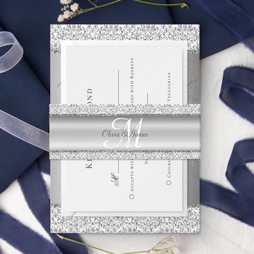 Metallic Silver Glitter Monogram Wedding Invitation Belly Band