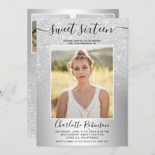 Metallic silver glitter ombre 3 photos Sweet 16 Invitation