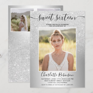 Metallic silver glitter ombre 3 photos Sweet 16 Invitation