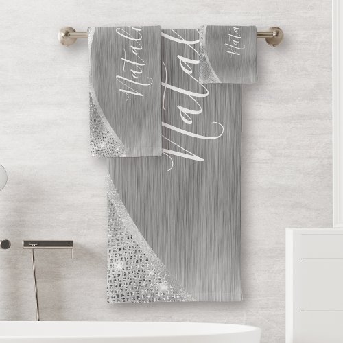 Metallic Silver Glitter Personalized Bath Towel Set