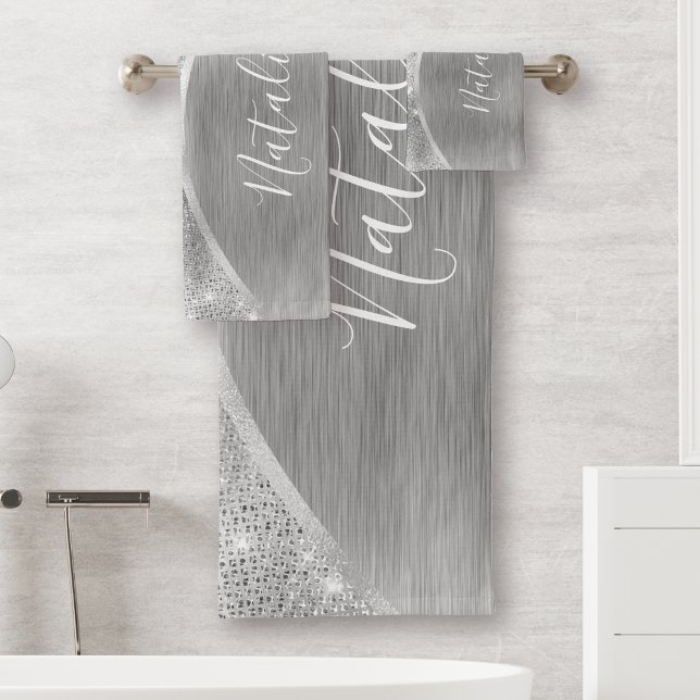Metallic Silver Glitter Personalized Bath Towel Set (Creator Uploaded)