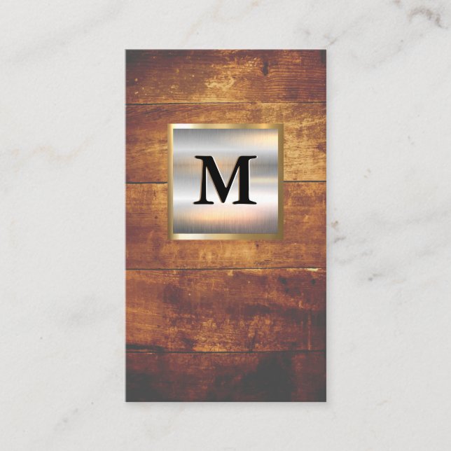 Metallic Silver Gold Banner Monogram | Hardwood Business Card (Front)