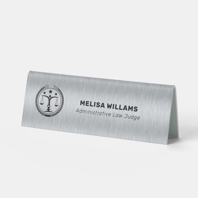 Metallic Silver Gray and Black Justice Logo Table Tent (Front)