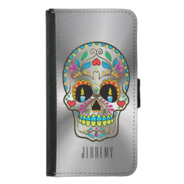 Metallic Silver Gray And Colorful Sugar Skull Samsung Galaxy S5 Wallet Case