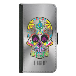 Metallic Silver Gray And Colorful Sugar Skull Wallet Phone Case For Samsung Galaxy S5