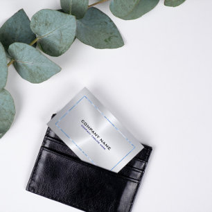 Metallic Silver Gray Background and Blue Border Business Card