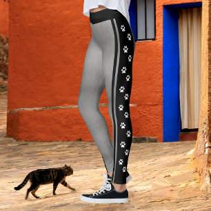 Metallic Silver Gray Black and White Paw Print Leggings