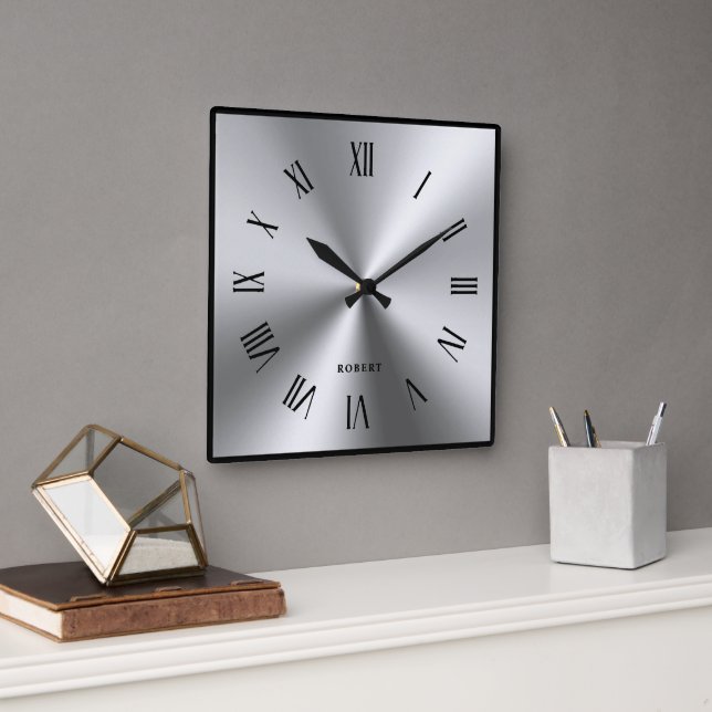Metallic Silver Gray Black Border Roman Numerals Square Wall Clock (Office)