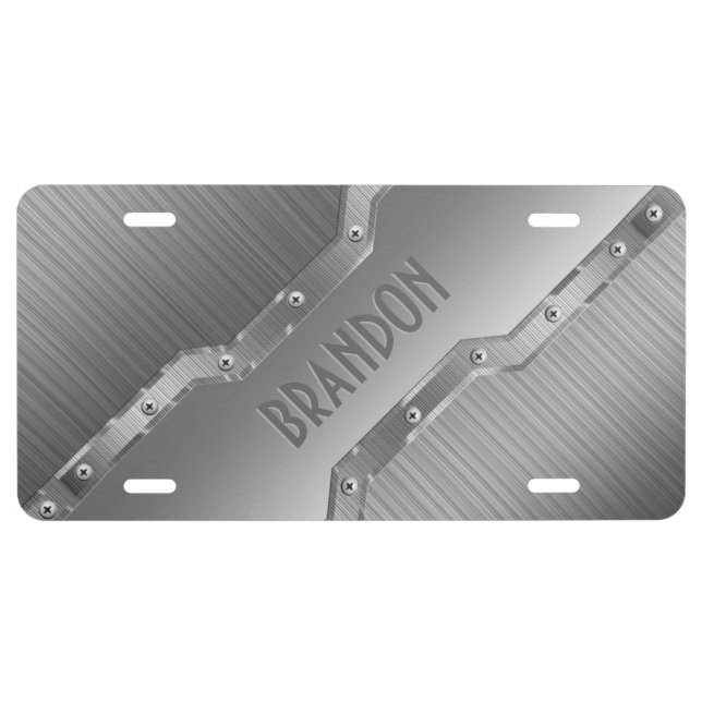 Metallic Silver Gray Brushed Metal Look 2 Monogram License Plate (Front)